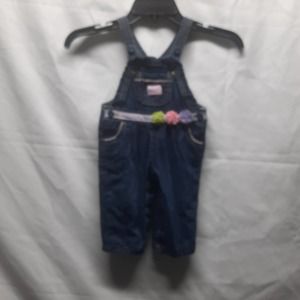 Oshkosh B'Gosh dark blue denim bid overalls w/ribbon, ribbon flowers @ waist 6M